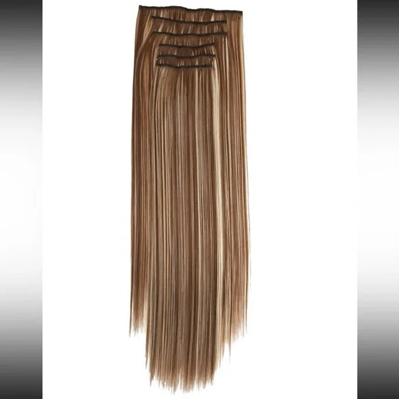 20in long straight brown blonde highlights clip in hair extensions 6 piece set